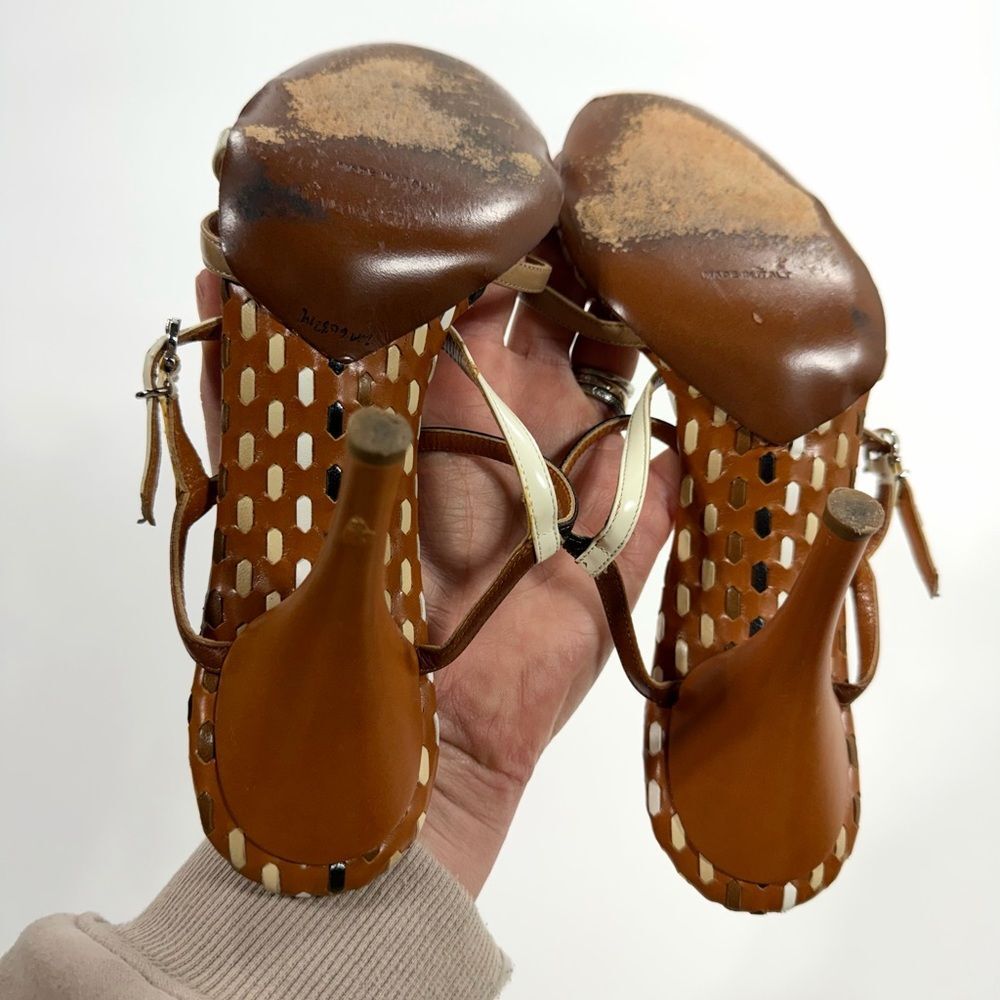 Salvatore Ferragamo Brown and Cream Strappy Heels - Picture 4 of 11